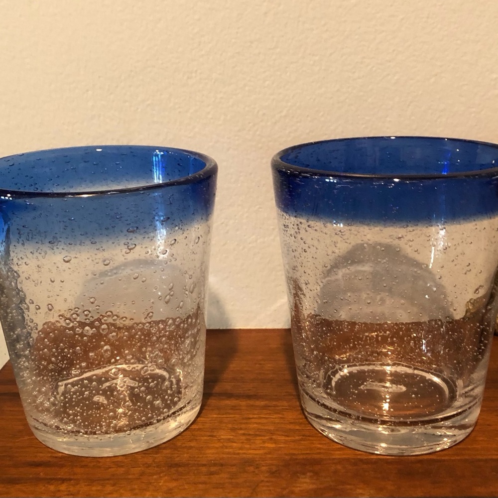 Cobalt Blue Rim Mexican  Bubble Glass Tumblers - Set of 2